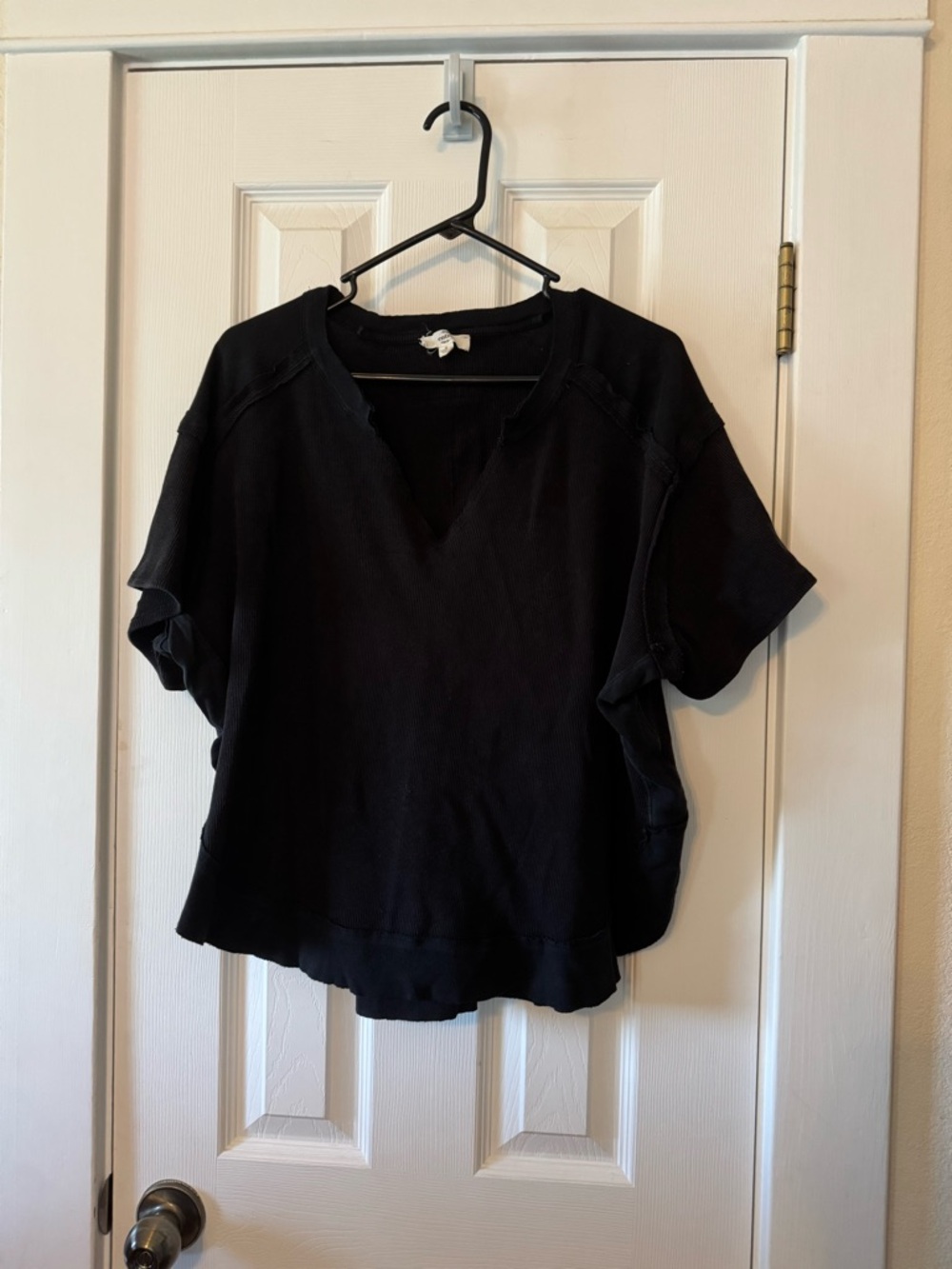Entro AnthropologieBlack Waffle Knit Raw Hem Short Sleeve Top Oversized Casual S